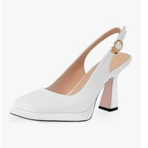 FOWT White Platform Square Toe Pumps Block High Heel Slingbacks Work Shoes